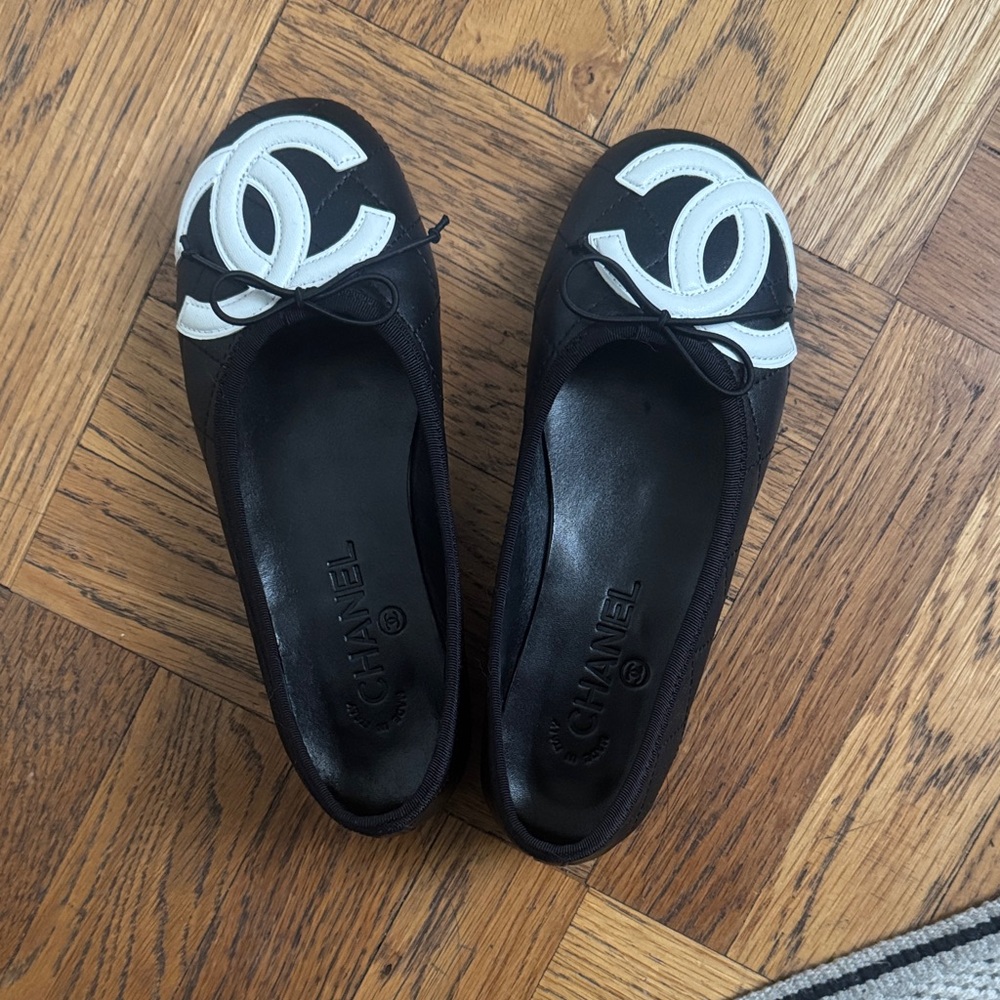 CHANEL Black and White Logo Flats